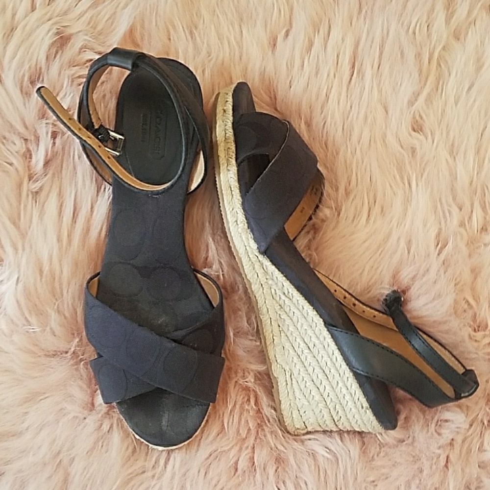 Black Coach logo strappy wedge sandals